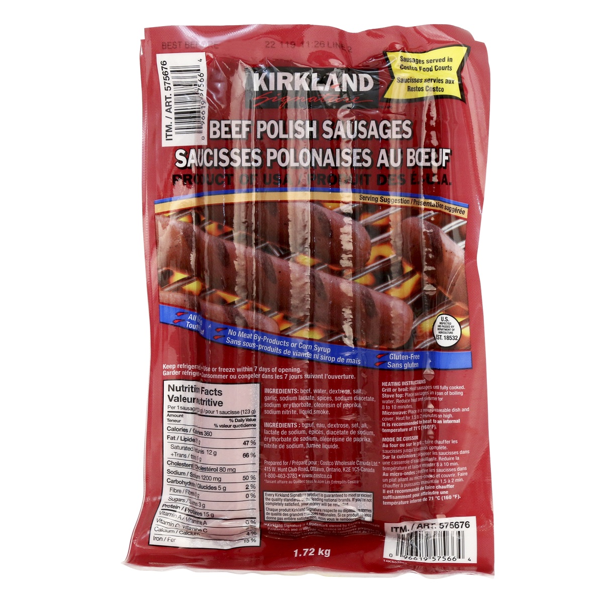 KIRKLAND POLISH BEEF SAUSAGES 1.72 KG
