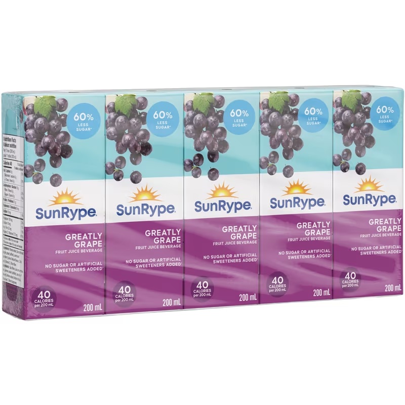 SUN RYPE GRAPE 100% JUICE BOXES 40 x 200 ML