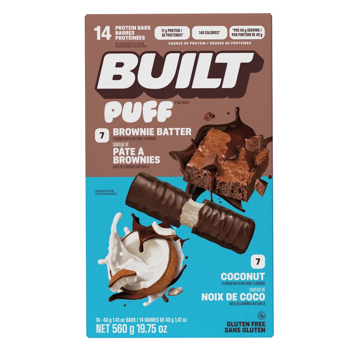 BUILT PUFF BROWNIE & COCONUT PROTEIN BARS 14 X 40 GR