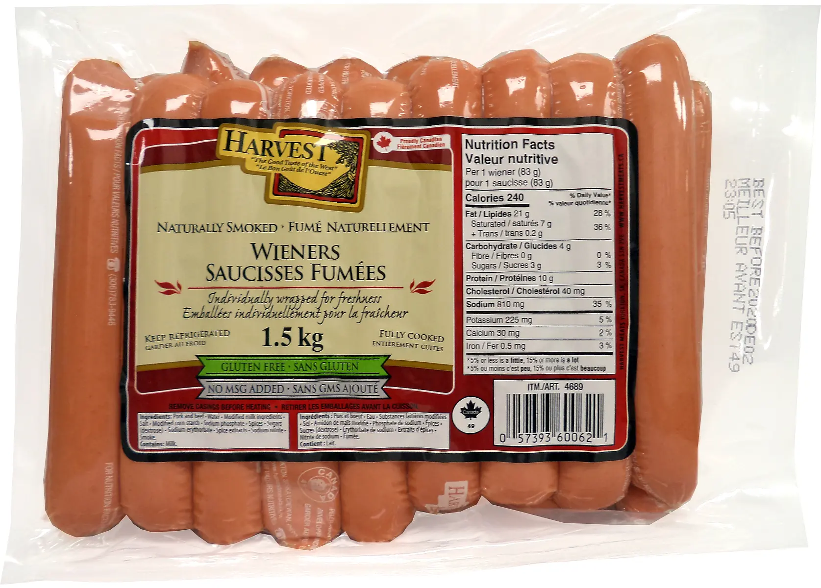 HARVEST 6" WIENERS 18CT 1.5 KG