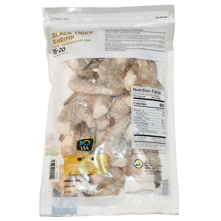PEELED DEVEINED TAIL-ON 16/20 BLACK TIGER SHRIMP 2LB