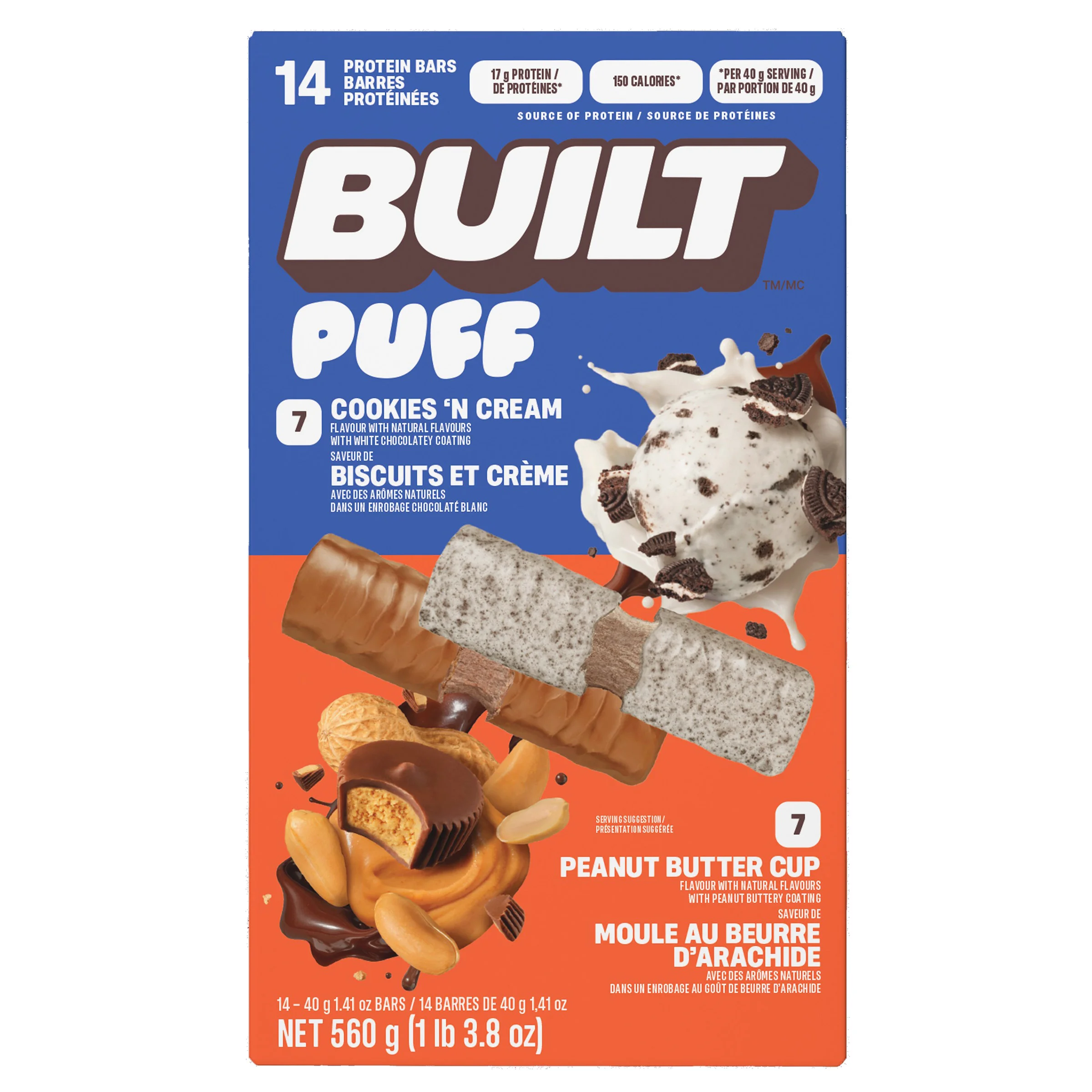 BUILT PUFF COOKIES N' CREAM & PEANUT BUTTER CUP PROTEIN BARS 14 X 40 GR