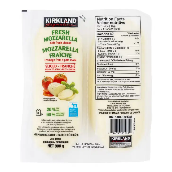 KIRKLAND SIGNATURE SLICED MOZZARELLA CHEESE 2 X 450 GR